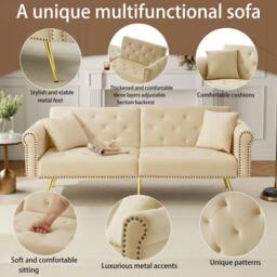 Merax Two Seater Velvet Sofa Bed with Adjustable Backrest in Beige - thumbnail 4