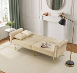 Merax Two Seater Velvet Sofa Bed with Adjustable Backrest in Beige - thumbnail 9