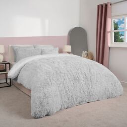 OHS Teddy Duvet Cover Set Bedding Soft Fleece Faux Fur Shaggy in Silver - Size: King - thumbnail 2