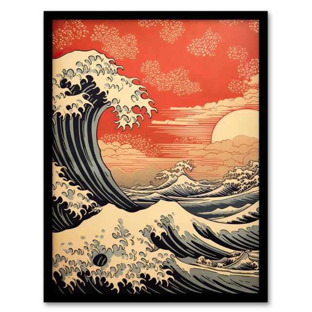 "Artery8 Wall Art Print Red Sunset Great Wave Dramatic Stormy Seascape Framed - Size: W12"" x H16""" - image 1