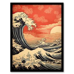 "Artery8 Wall Art Print Red Sunset Great Wave Dramatic Stormy Seascape Framed - Size: W12"" x H16""" - thumbnail 1