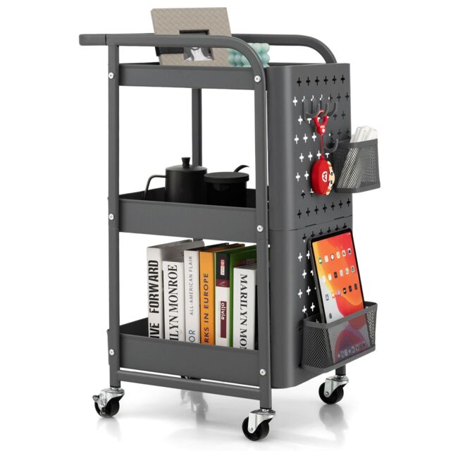 Costway 3-Tier Rolling Cart Kitchen Storage Trolley Mobile Metal Utility Cart in Grey - image 1