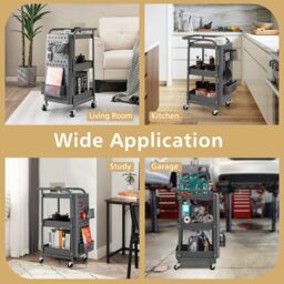 Costway 3-Tier Rolling Cart Kitchen Storage Trolley Mobile Metal Utility Cart in Grey - thumbnail 4