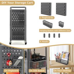 Costway 3-Tier Rolling Cart Kitchen Storage Trolley Mobile Metal Utility Cart in Grey - thumbnail 3