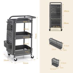 Costway 3-Tier Rolling Cart Kitchen Storage Trolley Mobile Metal Utility Cart in Grey - thumbnail 2
