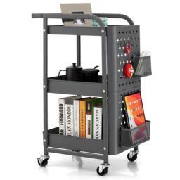 Costway 3-Tier Rolling Cart Kitchen Storage Trolley Mobile Metal Utility Cart in Grey