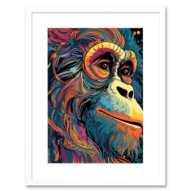 "Artery8 Wall Art Print Orangutan Ape Acrylic Painting Colourful Psychedelic Colours Rainforest Orange Teal Artwork Framed 9X7 Inch - Size: W7"" x H9""" - image 1