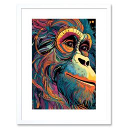 "Artery8 Wall Art Print Orangutan Ape Acrylic Painting Colourful Psychedelic Colours Rainforest Orange Teal Artwork Framed 9X7 Inch - Size: W7"" x H9""" - thumbnail 1