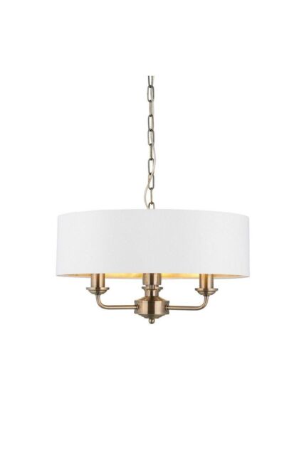 Netlighting Highclere Single Shade Pendant Ceiling Lamp Antique Brass Plate Vintage White Fabric in Gold - image 1