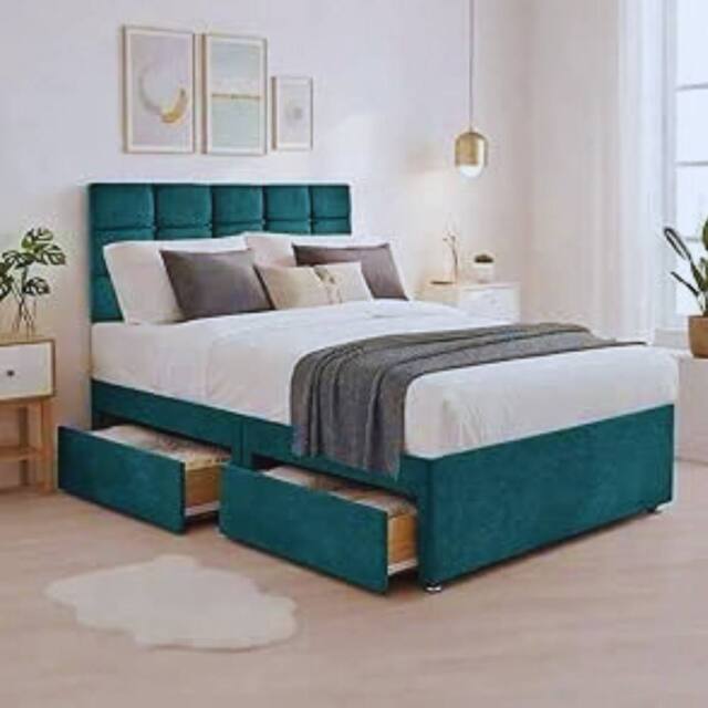 "Bed Time UK Plush Divan Bed with Mattress, 20"" Cubic Headboard & 2 Drawers in Teal - Size: Double" - image 1