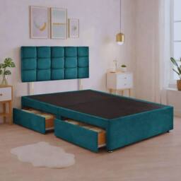 "Bed Time UK Plush Divan Bed with Mattress, 20"" Cubic Headboard & 2 Drawers in Teal - Size: Double" - thumbnail 2