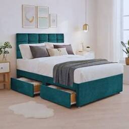 "Bed Time UK Plush Divan Bed with Mattress, 20"" Cubic Headboard & 2 Drawers in Teal - Size: Double" - thumbnail 1