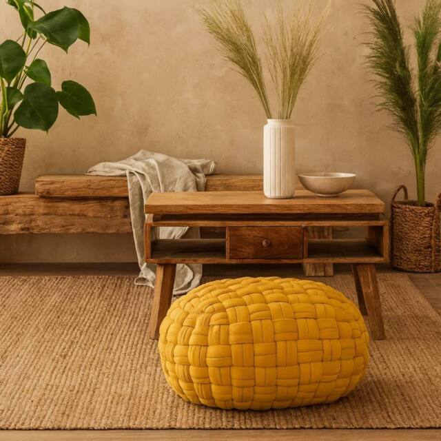 Wyld Haus Lucca Mustard Cotton Weave Pouffe in Yellow - image 1