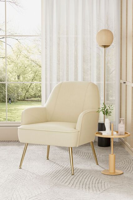 Living and Home Beige Velvet Upholstered Accent Chair Lounge Chair with Gold Plated Feet in White - image 1