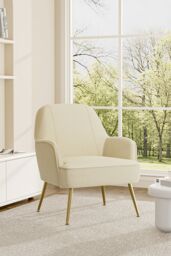 Living and Home Beige Velvet Upholstered Accent Chair Lounge Chair with Gold Plated Feet in White - thumbnail 2
