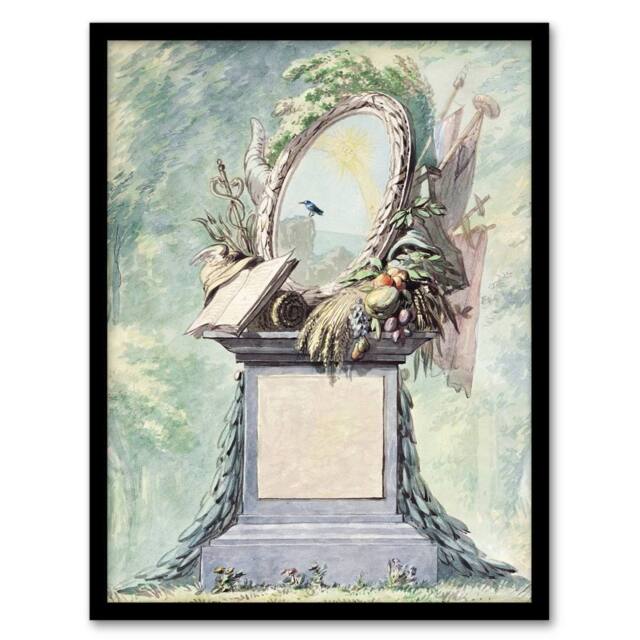 Artery8 18th Century Monument Design Watercolour Schouman Framed Art Print in Green - Size: A4 - image 1