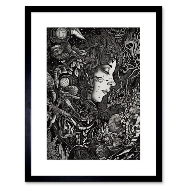 "Artery8 Wall Art Print Nature Goddess Black & White Modern Artwork Framed 9X7 Inch - Size: W7"" x H9""" - image 1
