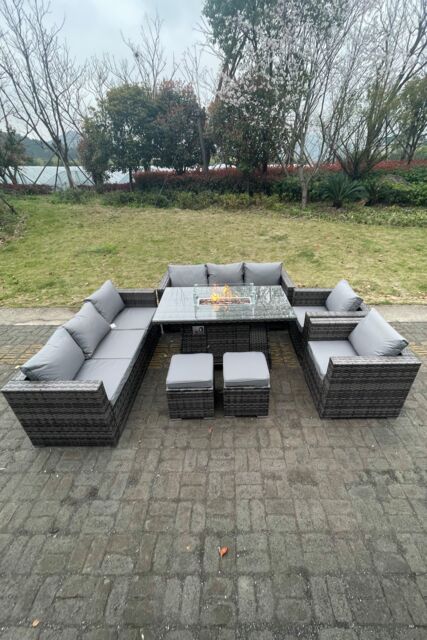 Fimous 10 Seater Outdoor PE Rattan Garden Furniture Gas Fire Pit Dining Table Set Lounge Sofa 2 PC Armchairs in Dark Grey - image 1