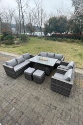 Fimous 10 Seater Outdoor PE Rattan Garden Furniture Gas Fire Pit Dining Table Set Lounge Sofa 2 PC Armchairs in Dark Grey - thumbnail 3