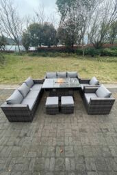 Fimous 10 Seater Outdoor PE Rattan Garden Furniture Gas Fire Pit Dining Table Set Lounge Sofa 2 PC Armchairs in Dark Grey - thumbnail 1