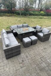 Fimous 10 Seater Outdoor PE Rattan Garden Furniture Gas Fire Pit Dining Table Set Lounge Sofa 2 PC Armchairs in Dark Grey - thumbnail 2