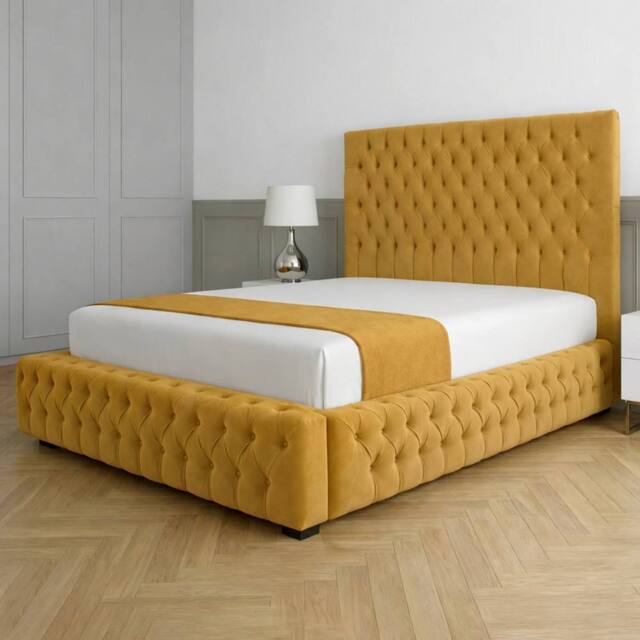 Living Comfort Bedz Countess Plush Velvet Upholstered Bed Slatted Base - 48Inch Headboard in Mustard - Size: Double - image 1