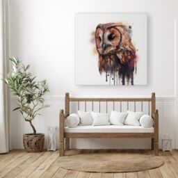 "Warren Reed - Designer Tawny Owl Face Splashart Light Background Canvas in Brown - Size: W16"" x H16""" - thumbnail 3