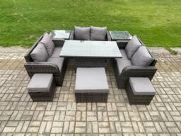 Fimous Rattan Garden Outdoor Furniture 3 PC Love Sofa Set Adjustable Rising lifting Dining Table With 2 Side Tables 3 Footstools in Dark Grey - thumbnail 2