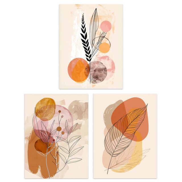 "Artery8 Set of 3 Mid Century Modern Leaves Fronds 12X16"" Wall Art Prints in Beige - Size: A4" - image 1