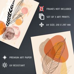 "Artery8 Set of 3 Mid Century Modern Leaves Fronds 12X16"" Wall Art Prints in Beige - Size: A4" - thumbnail 4