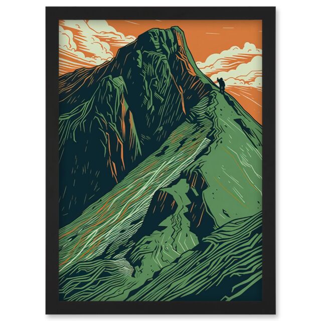Artery8 Hiking the Striding Edge Orange & Green Linocut Artwork Framed Wall Art Print A4 in Black - image 1