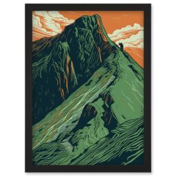 Artery8 Hiking the Striding Edge Orange & Green Linocut Artwork Framed Wall Art Print A4 in Black - thumbnail 1