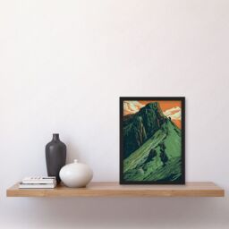 Artery8 Hiking the Striding Edge Orange & Green Linocut Artwork Framed Wall Art Print A4 in Black - thumbnail 2