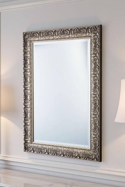 Yearn Mirrors Carved Framed Bevelled Mirror Silver 102.5x74.5cm - Size: 102.5x74.5 cm - image 1