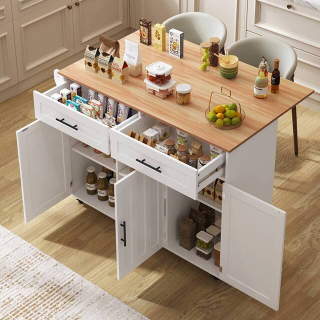 BTM Kitchen Island on Wheels Folding Tabletop Storage Trolley Cabinet in White - image 1