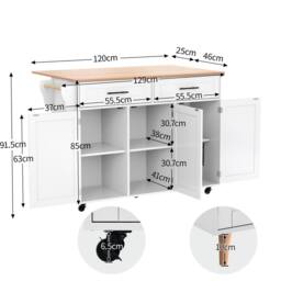 BTM Kitchen Island on Wheels Folding Tabletop Storage Trolley Cabinet in White - thumbnail 2