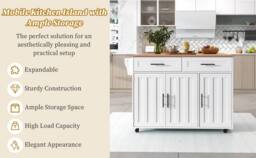 BTM Kitchen Island on Wheels Folding Tabletop Storage Trolley Cabinet in White - thumbnail 9