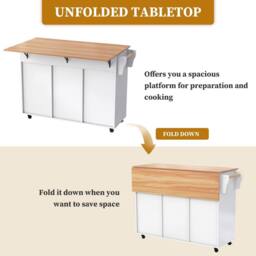 BTM Kitchen Island on Wheels Folding Tabletop Storage Trolley Cabinet in White - thumbnail 3