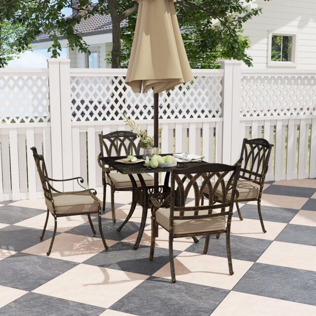 OUTSUNNY 5 Pieces Cast Aluminium Garden Dining Set with Parasol Hole, Bronze - Size: 4 Person - image 1