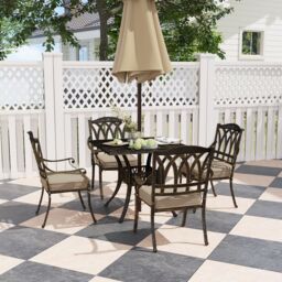 OUTSUNNY 5 Pieces Cast Aluminium Garden Dining Set with Parasol Hole, Bronze - Size: 4 Person