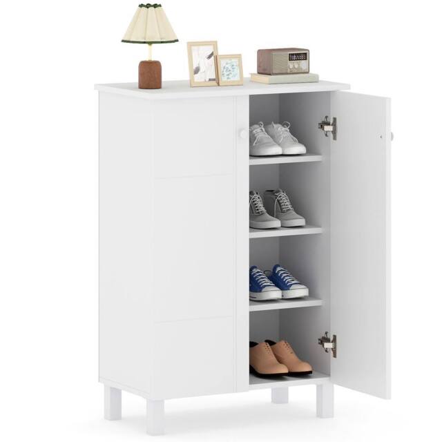 Costway 4-Tier Shoe Storage Cabinet Shoe Organizer w/Removable Shelves&2 Doors in White - image 1