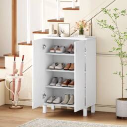 Costway 4-Tier Shoe Storage Cabinet Shoe Organizer w/Removable Shelves&2 Doors in White - thumbnail 3