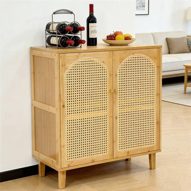 KORVIXA Bamboo Kitchen Sideboard Boho Buffet Pantry Floor Storage Cabinet in Natural - Size: 100 cm x 100 cm - image 1