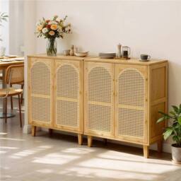 KORVIXA Bamboo Kitchen Sideboard Boho Buffet Pantry Floor Storage Cabinet in Natural - Size: 100 cm x 100 cm - thumbnail 4
