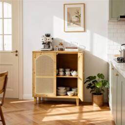 KORVIXA Bamboo Kitchen Sideboard Boho Buffet Pantry Floor Storage Cabinet in Natural - Size: 100 cm x 100 cm - thumbnail 5