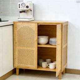 KORVIXA Bamboo Kitchen Sideboard Boho Buffet Pantry Floor Storage Cabinet in Natural - Size: 100 cm x 100 cm - thumbnail 3