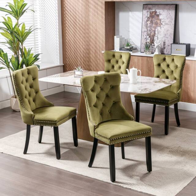 Modern Home Touch Romsey Set of 4 Velvet Upholstered Dining Chairs with Oak Legs & Knocker Ring Back in Green - Size: 4 Pack - image 1