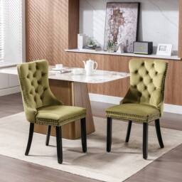 Modern Home Touch Romsey Set of 4 Velvet Upholstered Dining Chairs with Oak Legs & Knocker Ring Back in Green - Size: 4 Pack - thumbnail 3