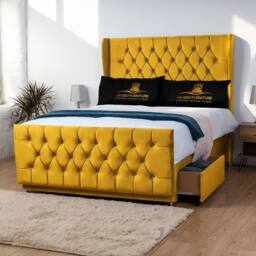 UK Bed Furniture Balamore Wingback Divan Bed with 54Inch Headboard & 2 Drawers Foot End in Mustard - Size: Double