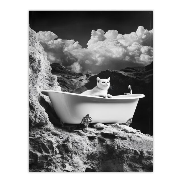"Artery8 Cat Lover Pet Bathtub on Mountain Cliff Surreal Wall Art Print in Grey - Size: W12"" x H16""" - image 1
